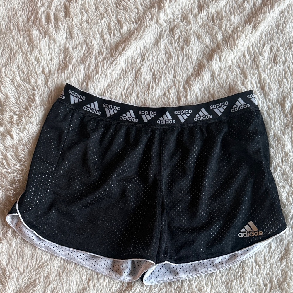 adidas Black Athletic Mesh Shorts with White Trim and Logo Waistband